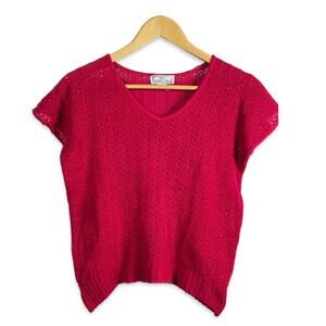 80s Vintage Hot Pink Linen Knit Sweater Bright & Saturated color Flutter Sleeves